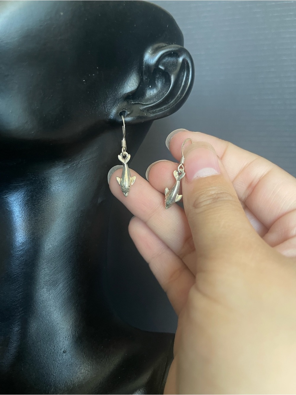 Sterling silver dolphin dangle drop hook earrings